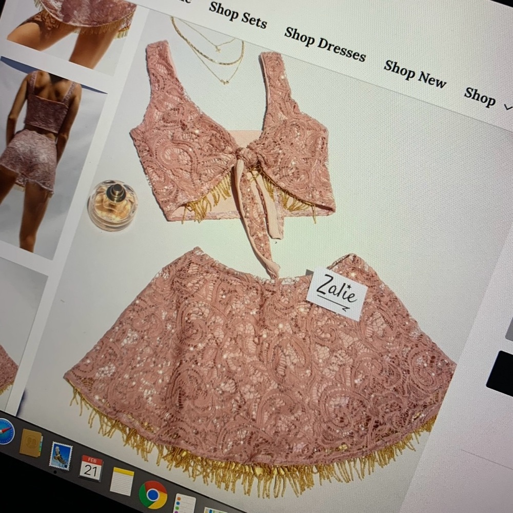 Pink Lace Two-Piece Set with Gold Fringe